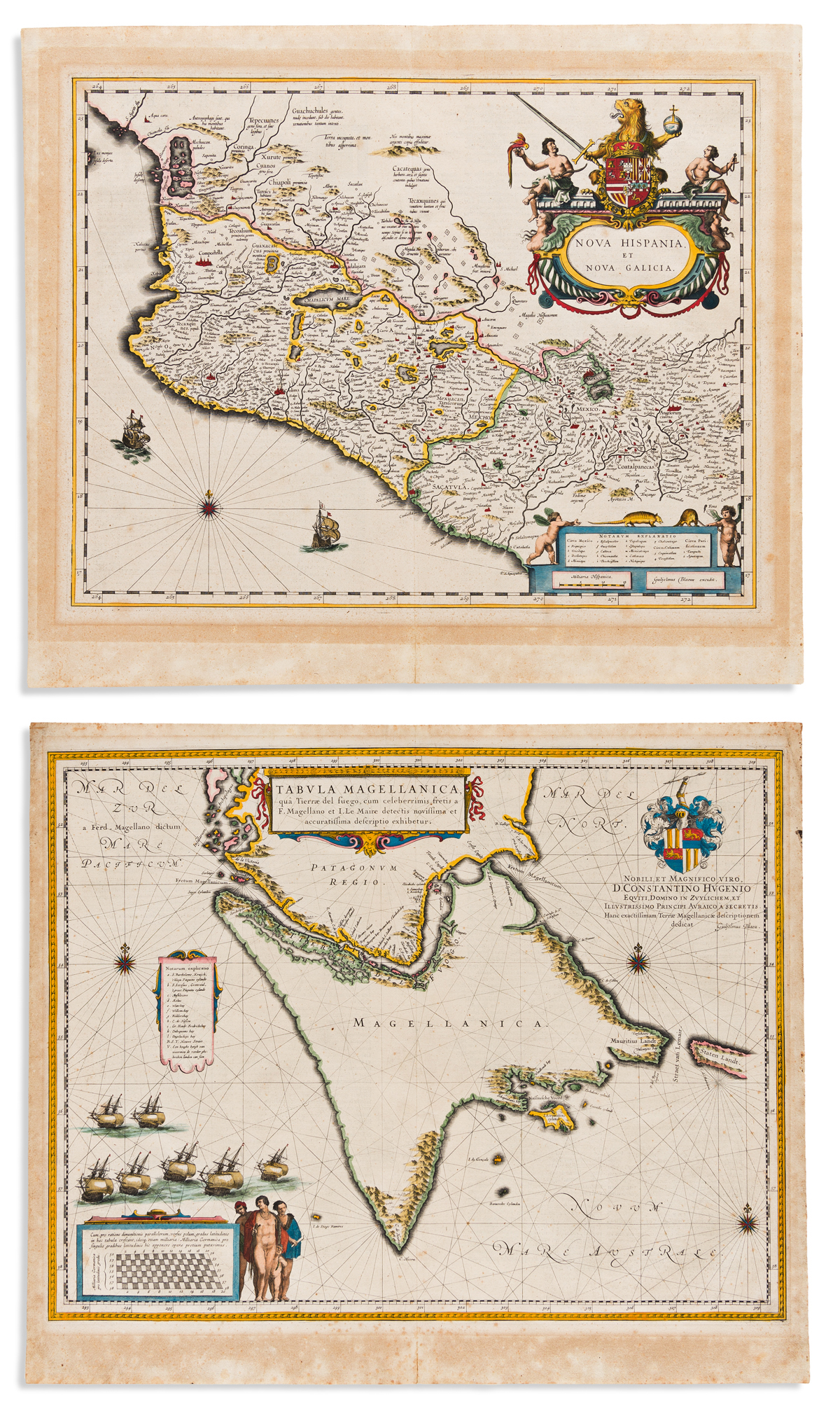 BLAEU, WILLEM. Two hand-colored double-page engraved maps.